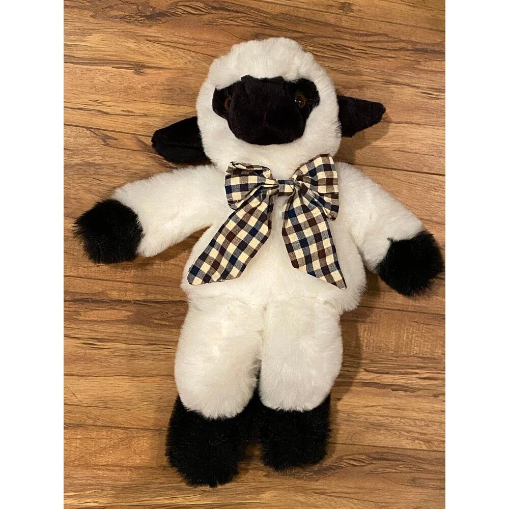 Goffa Plush Sheep Lamb Black Face w/ Checkered Bow 16in Toy Stuffed Animal
